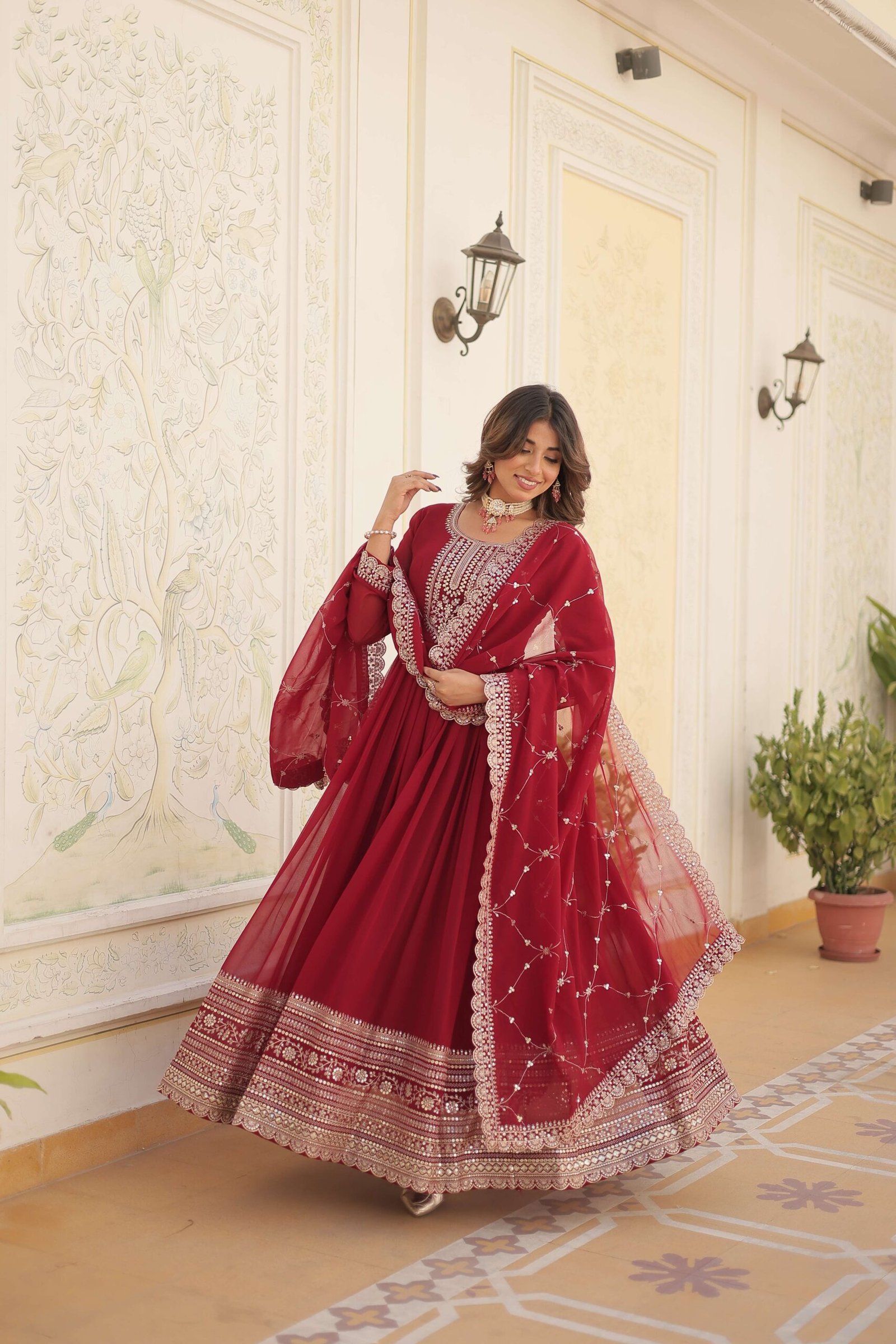 Maroon Faux Blooming Sequins Embroidered Gown with Matching Dupatta ? Festive & Party Wear 2024