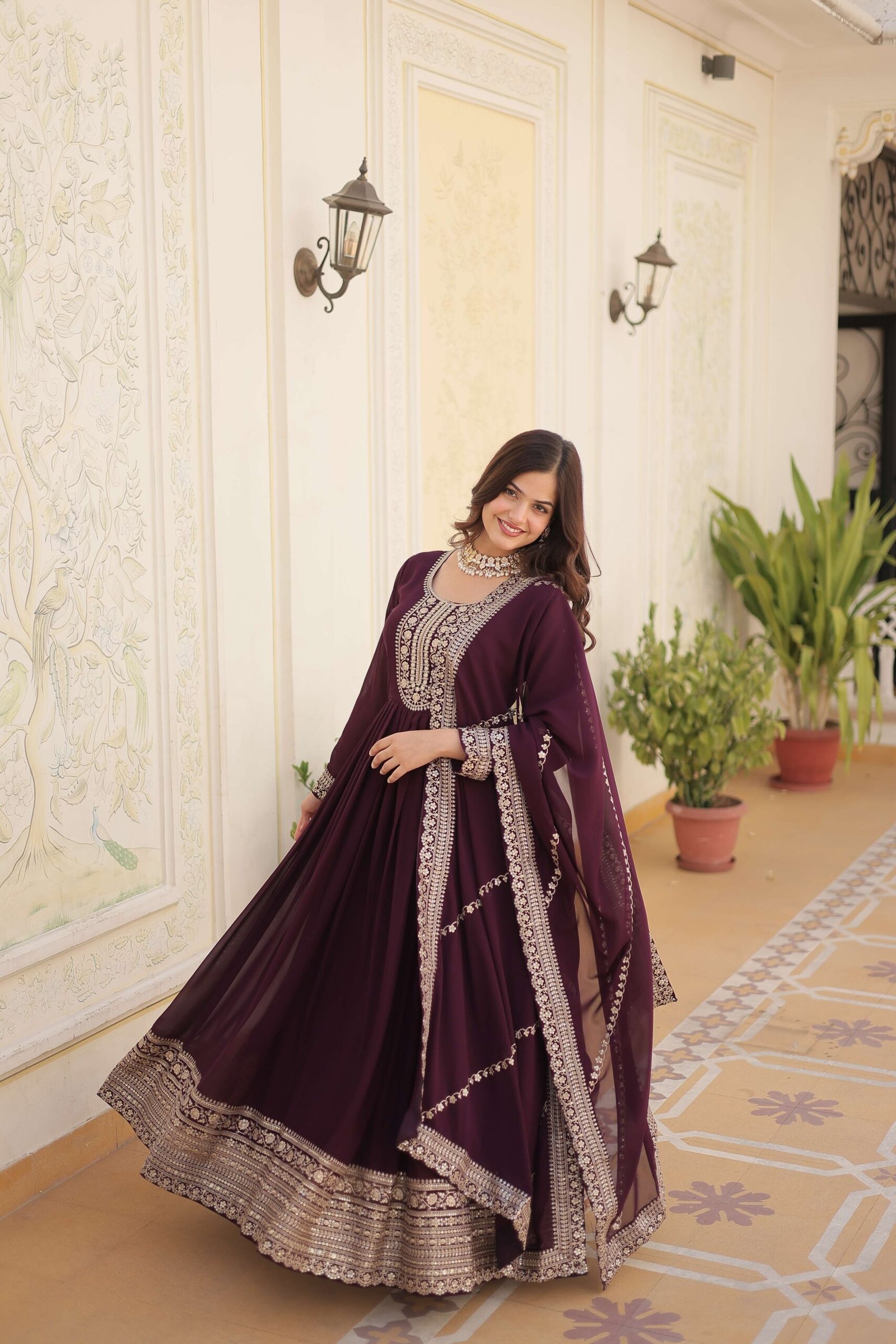 Wine Faux Blooming Sequins Embroidered Gown with Matching Dupatta ? Festive & Party Wear 2024 - Image 3